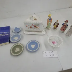 Wedgwood Jasperware Plates, Porcelain Figurines, and Occupied Japan Lace China Dish