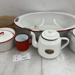 Vintage Enamelware: Large Basin, 2 Saucepans, Teapot, Mug, and Sugar Bowl