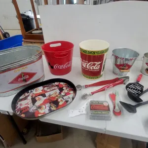 Coca-Cola Galvanized Beverage Tub, Santa Tray, Tins, Buckets, and Utensils