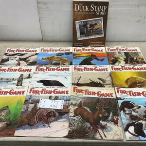The Duck Stamp Story Book, Red Nose Tin, and 16 Fur-Fish-Game Magazines