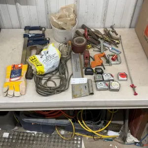 Assorted Hand and Power Tools: Gander Gloves, Clamps, Hammer, and Sander