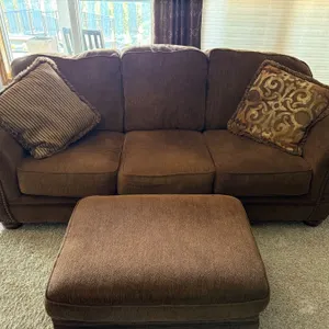 Brown Fabric Sofa with Matching Ottoman