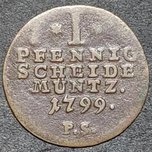 Scarce 1799 German States 1 Pfennig Copper Coin