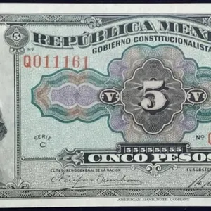 1915 Mexico 5 Pesos Banknote High Grade