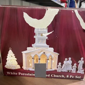 White Porcelain Lighted Church 8 Pc Set in box