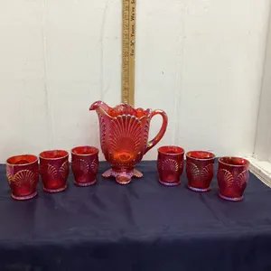 CRANBERRY GLASS WATER PITCHER & (6) GLASSES