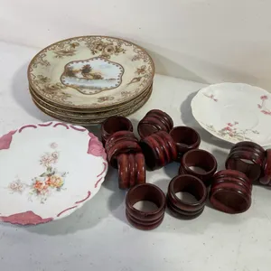 Assorted European Porcelain Plates & Wooden Napkin Rings