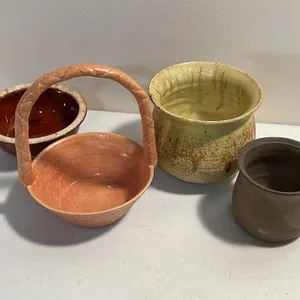 Hull Pottery Brown Drip Bowl & Handmade Pottery Vases