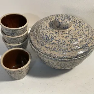 Handmade Blue Spongeware Covered Casserole Dish & Matching Cups
