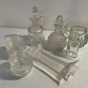 Assorted Pressed Glass Cruets, Apothecary Jar & Holophane Souvenir Dishes