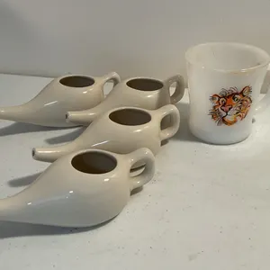 Fire-King Esso Tiger Mug & Ceramic Neti Pots