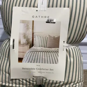 **APPEARS NEW** Stone Cottage Twin Willow Way Ticking Striped Quilt Set - Green