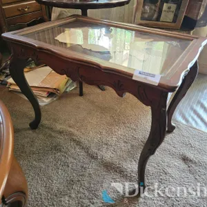 GLASS TOP WOOD SIDE TABLE WITH PINUP GIRL DECAL