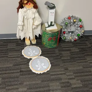 Handmade Christmas Decor Including Angel Doll, Snowman, Wreath, Canister, and Candle Doilies