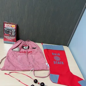 Ohio State Buckeyes Memorabilia Lot: "Great Games" VHS, Drawstring Bag, Holiday Stocking, and Neckla