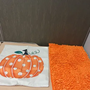 Seasonal Pumpkin Decorative Throw Pillow Cover and Orange Microfiber Chenille Bath Mat