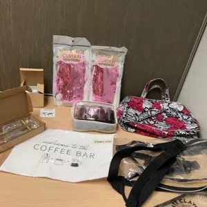 Lot: Tessan Travel Adapter, Foil Fringe Curtains, Travel Bottles, Coffee Bar Mat, Cabinet Pulls, Tot