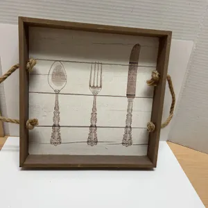 Wooden Serving Tray With Rope Handles and Utensil Motif, Decorative Rustic Kitchen Accent Piece