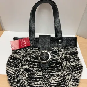 ULTA Cable Knit Tote in Black and White With Faux Leather Trim and Silver Buckle Accent, New With Ta