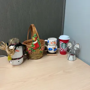 Holiday Collection: Snowman Mug and Tray, Christmas Basket, Light-Up Snowman Jar, Angel Candleholder
