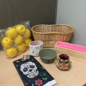 Home Decor Lot: Wicker Basket, Faux Apples Day of the Dead Towel, and more