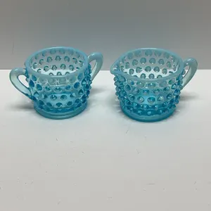 Blue Hobnail Glass Creamer and Sugar Set With Applied Handles, Approximately 2 Inches Tall Each Piec