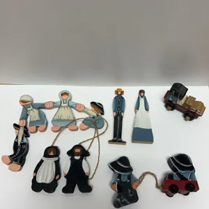 Hand-Painted Wood Amish Figures and Wagon Pull Toy Set, Including Horse and Buggy Motifs, Tallest 6