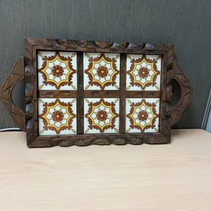 Wooden Handled Tray With Decorative Ceramic Tiles Featuring Floral Motifs
