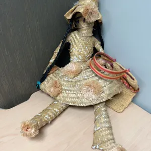 Handcrafted Straw Doll With Braided Hair, Pom-Pom Accents, Hat, And Knitted Bag, 25-Inch Length Appr