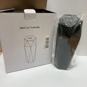 Two Black Mini Car Trash Bins With Push-Top Lids, Geometric Design, 8 Inch Height, Boxed, Made in Ch