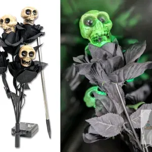 New Green Glowing Skull Rose Solar Halloween Lights, Spooky Solar Powered Decorative Stake for Garden Courtyard 28" Long Assembled