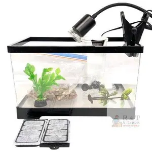 Starter Fish / Turtle Tank, Plastic Construction, Working Light & Water Filter + 2 Extra Filters, Plants, Gravel - 11.75" × 7.25" × 7" Tall