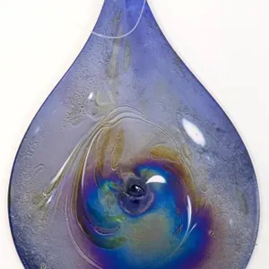 Handblown Art Glass Flat Iridescent Tear Drop Ornament Dark Blue, 7.5" Long No Chips or Cracks