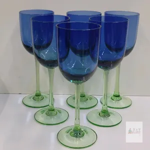 Set of 6 Metropolis by Block Handblown Tall Blue w/Green Stem/Base Wine Glasses