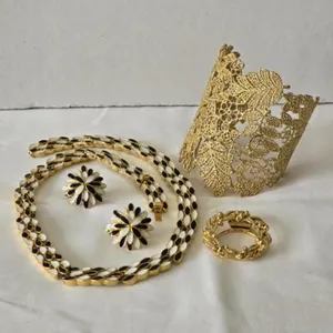 Gold tone Necklace Earrings Set Cuff Bracelet &