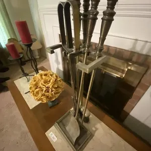 Fireplace Utensil Set, Pair Candles on Stands,