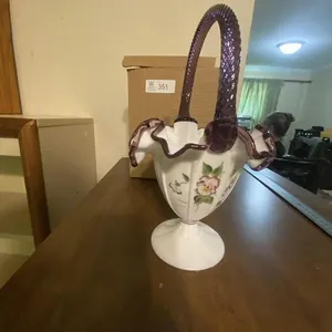 Fenton Milk Glass Lilacs Plums and Crest Basket
