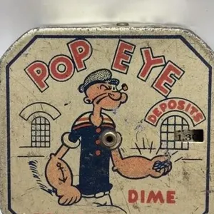 1929 Popeye Dime Register Bank tin toy coin bank