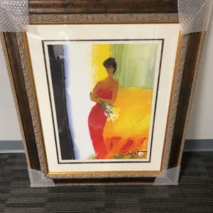 Limited Edition Emile Bellet, Lady in Red with Flowers, Signed, EA 119/150, Framed 38 x 32"