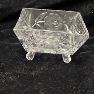 Footed Square Cut Glass Dish With Floral And Starburst Etching