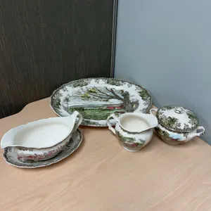 Johnson Bros The Friendly Village Ironstone Serving Set: Platter, Gravy Boat, Creamer, Sugar Bowl, E