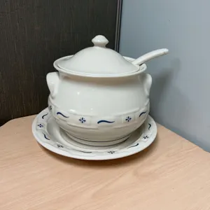 Longaberger Pottery Classic Blue Soup Tureen Set With Plate, Lid, And Ladle, Made In USA, 2000 Boxed