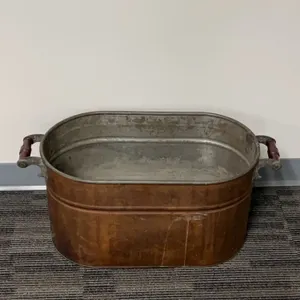 Oval Copper and Tin Wash Tub With Wooden Handles, Early Utility Basin Container