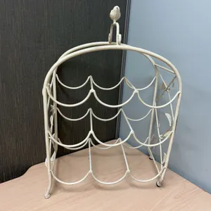 Decorative Cream Metal Countertop Wine Rack With Bird Finial, Leaf Accents, Holds 6 Bottles