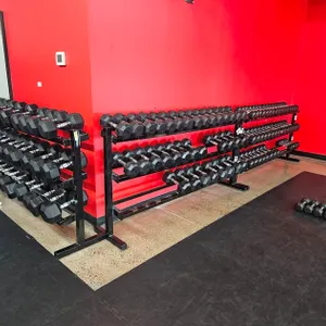 Rubber Coated Dumbbells with 3 - 7' Racks: 18 - 8 lb., 22 - 10 lb., 18 - 12 lb., 20 - 15 lb., 20 - 20 lb., 8 - 30 lb., 10 - 35 lb., 6 - 40 lb., 8 - 45