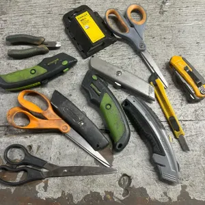 Assorted Utility Knives, Scissors, and Wire Cutters, Mixed Brands