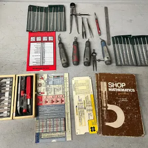 Machinist Tool Lot with Files, Deburring Tools, Dividers, and Reference Guides