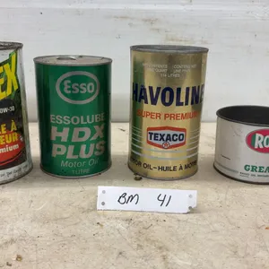 Vintage Motor Oil and Grease Cans: Savex, Esso Essolube, Havoline, and Roco