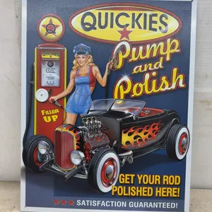 Quickies Pump and Polish Metal Sign, Hot Rod and Pin-Up Girl Graphic
