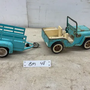 Vintage 1960s Tonka Pressed Steel Turquoise Jeep Commander and Utility Stake Trailer Set